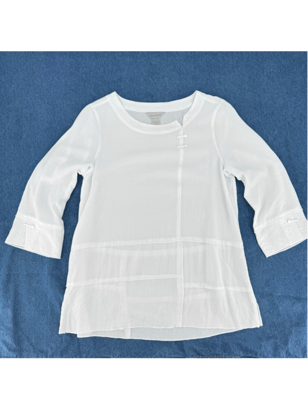 White Smock Top Layered Look 3/4 Sleeve Triangle Buttons Lagenlook Sz Small